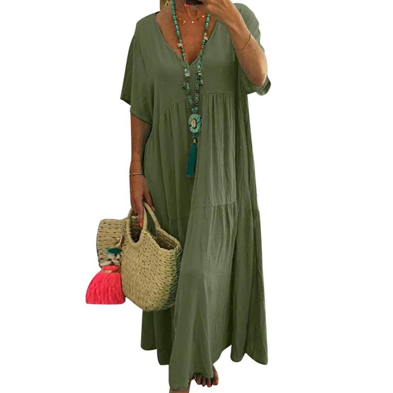 👗 50% RABATT! 🍃 Langes Baumwoll-Leinen-Kleid mit V-Ausschnitt – Lockerer Schnitt & figur schmeichelnd – Leicht, atmungsaktiv & ideal für den Sommer – mühelos eleganter Look 🌿✨