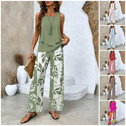 🌺Trendiges 2-teiliges Damen-Outfit mit Print, ärmelloses Oberteil und Hose