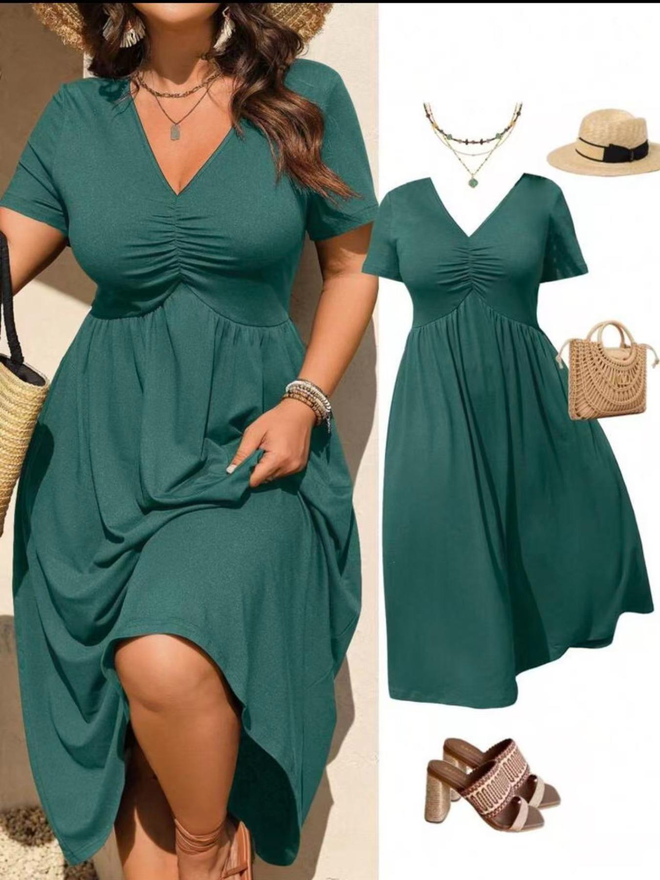 📢📢Limitiertes Angebot – 50 % Rabatt !! ⏰Midi-Kleid in Übergröße mit V-Ausschnitt, Rüschen und kurzen Ärmeln