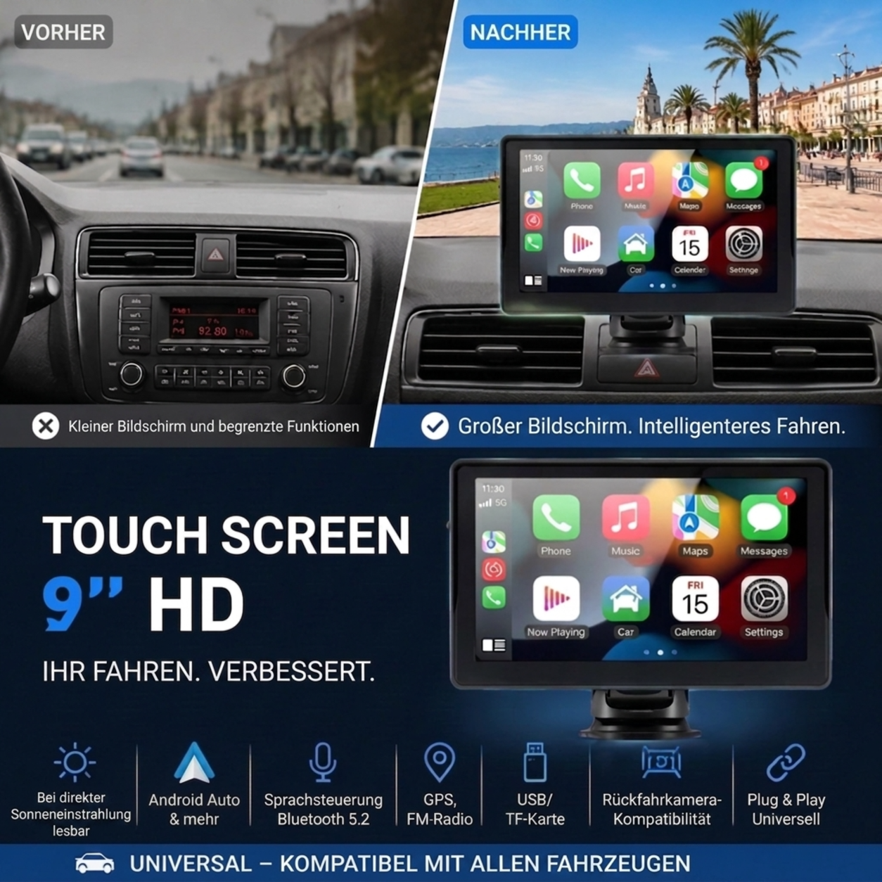 🚗📱 50% RABATT! CarPlay AutoPlay Multimedia 9 Zoll – Drahtloses Apple CarPlay & Android Auto, HD-Touchscreen, GPS & Rückfahrkamera-Unterstützung – Perfekt für moderne Fahrzeuge ✨