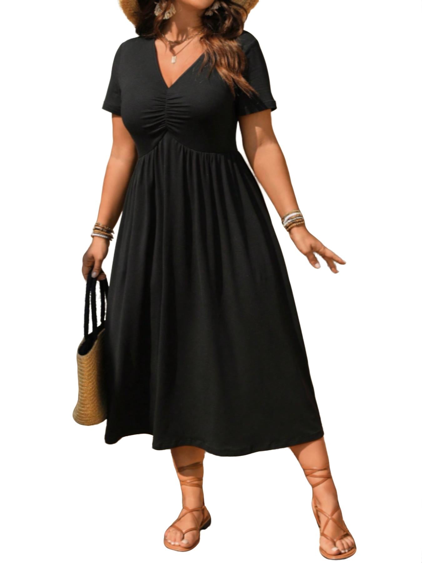 📢📢Limitiertes Angebot – 50 % Rabatt !! ⏰Midi-Kleid in Übergröße mit V-Ausschnitt, Rüschen und kurzen Ärmeln