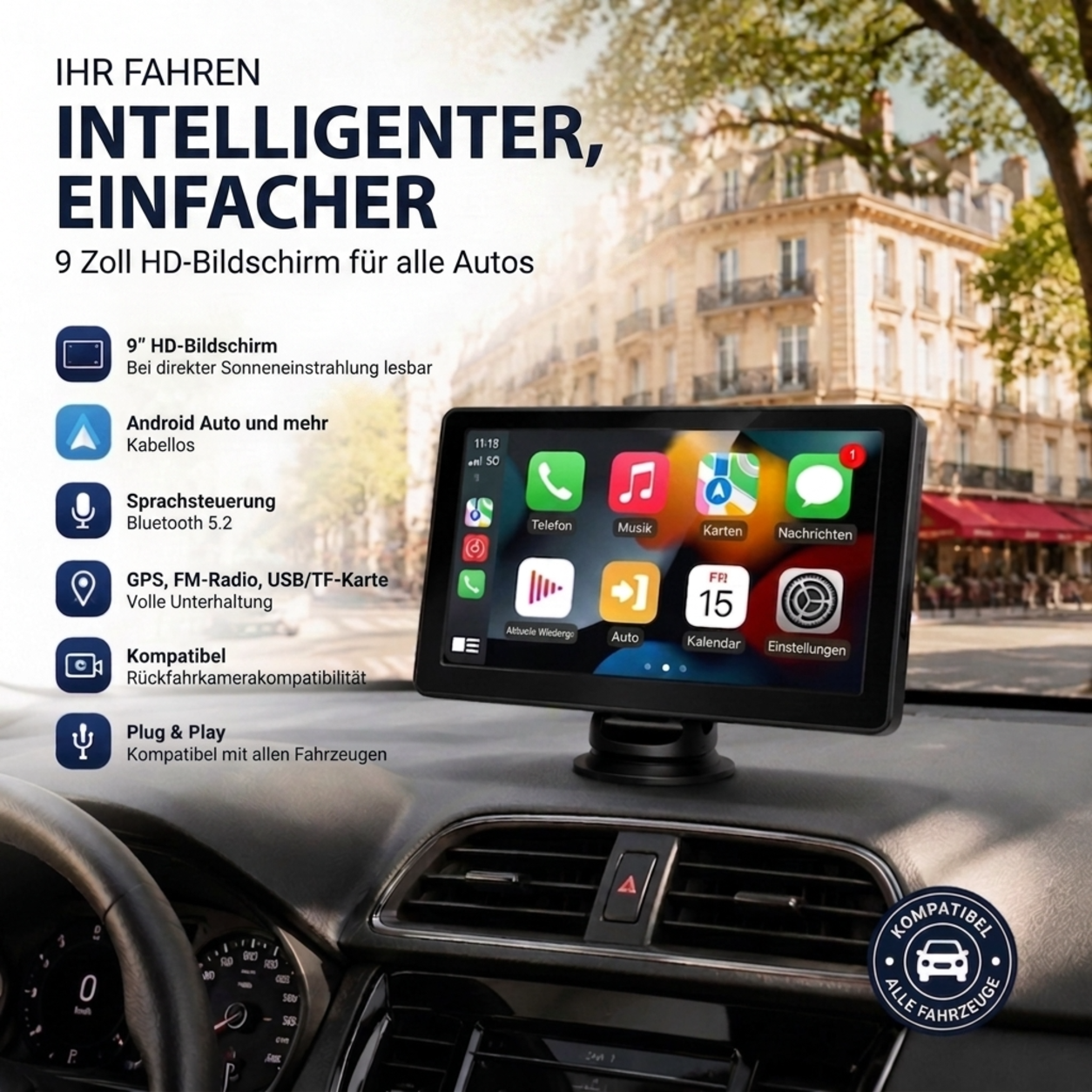 🚗📱 50% RABATT! CarPlay AutoPlay Multimedia 9 Zoll – Drahtloses Apple CarPlay & Android Auto, HD-Touchscreen, GPS & Rückfahrkamera-Unterstützung – Perfekt für moderne Fahrzeuge ✨