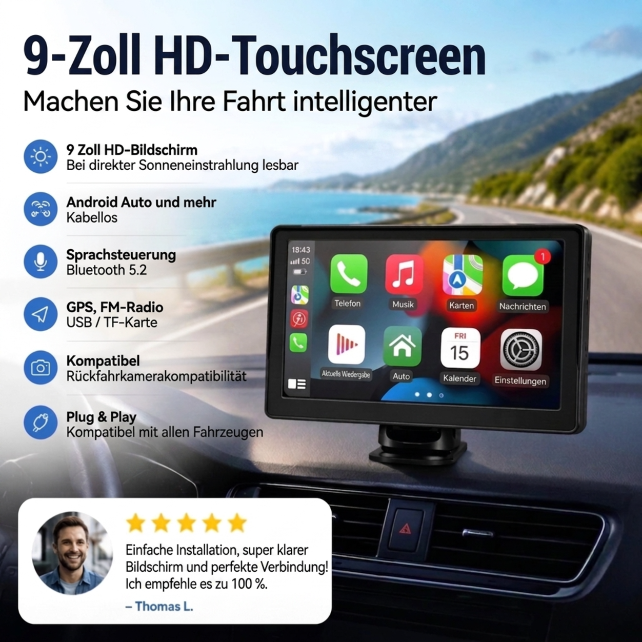 🚗📱 50% RABATT! CarPlay AutoPlay Multimedia 9 Zoll – Drahtloses Apple CarPlay & Android Auto, HD-Touchscreen, GPS & Rückfahrkamera-Unterstützung – Perfekt für moderne Fahrzeuge ✨