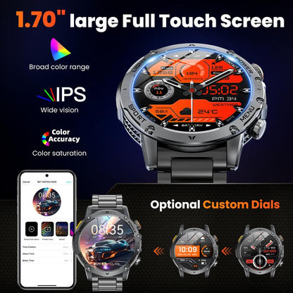 Herren Smartwatch im Militärstil mit 1100‑mAh‑Akku, 1,7‑Zoll‑AMOLED‑Display, LED‑Taschenlampe, IP68 wasserdicht, Fitnessuhr mit Telefonfunktion, über 110 Sportmodi, Herzfrequenz /Schlafüberwachung, kompatibel mit iOS und Android