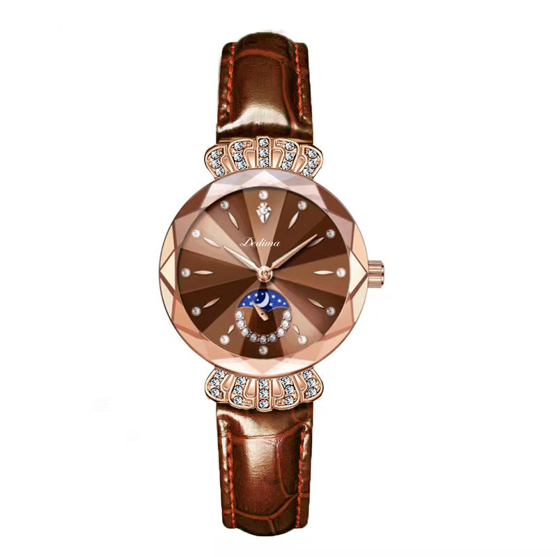 Modische Damenuhr mit synthetischem Diamant und Mond, Sternmuster