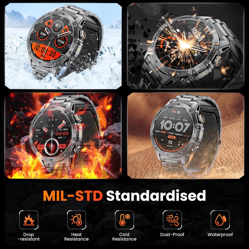 Herren Smartwatch im Militärstil mit 1100‑mAh‑Akku, 1,7‑Zoll‑AMOLED‑Display, LED‑Taschenlampe, IP68 wasserdicht, Fitnessuhr mit Telefonfunktion, über 110 Sportmodi, Herzfrequenz /Schlafüberwachung, kompatibel mit iOS und Android