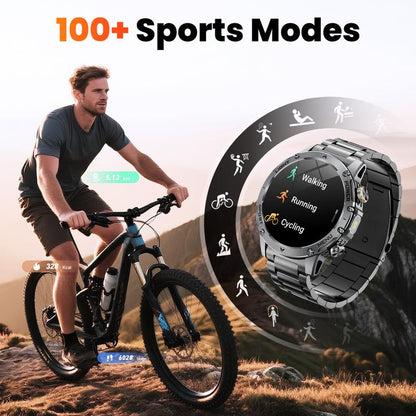 Herren Smartwatch im Militärstil mit 1100‑mAh‑Akku, 1,7‑Zoll‑AMOLED‑Display, LED‑Taschenlampe, IP68 wasserdicht, Fitnessuhr mit Telefonfunktion, über 110 Sportmodi, Herzfrequenz /Schlafüberwachung, kompatibel mit iOS und Android