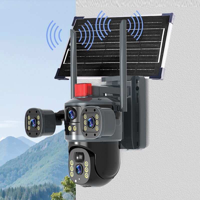 Solarbetriebene 360°-Domekamera mit Dreifachlinse - Laser-Farb-Nachtsicht, Zwei-Wege-Interkom & App-Steuerung | 8MP, 4G/WiFi