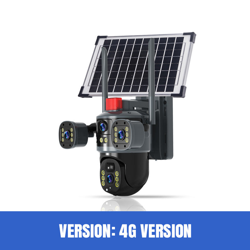 Solarbetriebene 360°-Domekamera mit Dreifachlinse - Laser-Farb-Nachtsicht, Zwei-Wege-Interkom & App-Steuerung | 8MP, 4G/WiFi