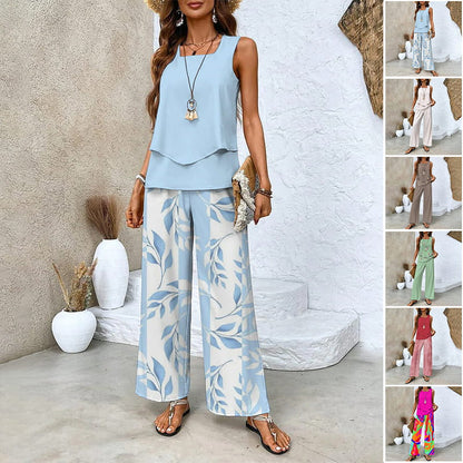 🌺Trendiges 2-teiliges Damen-Outfit mit Print, ärmelloses Oberteil und Hose