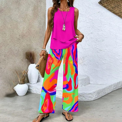 🌺Trendiges 2-teiliges Damen-Outfit mit Print, ärmelloses Oberteil und Hose