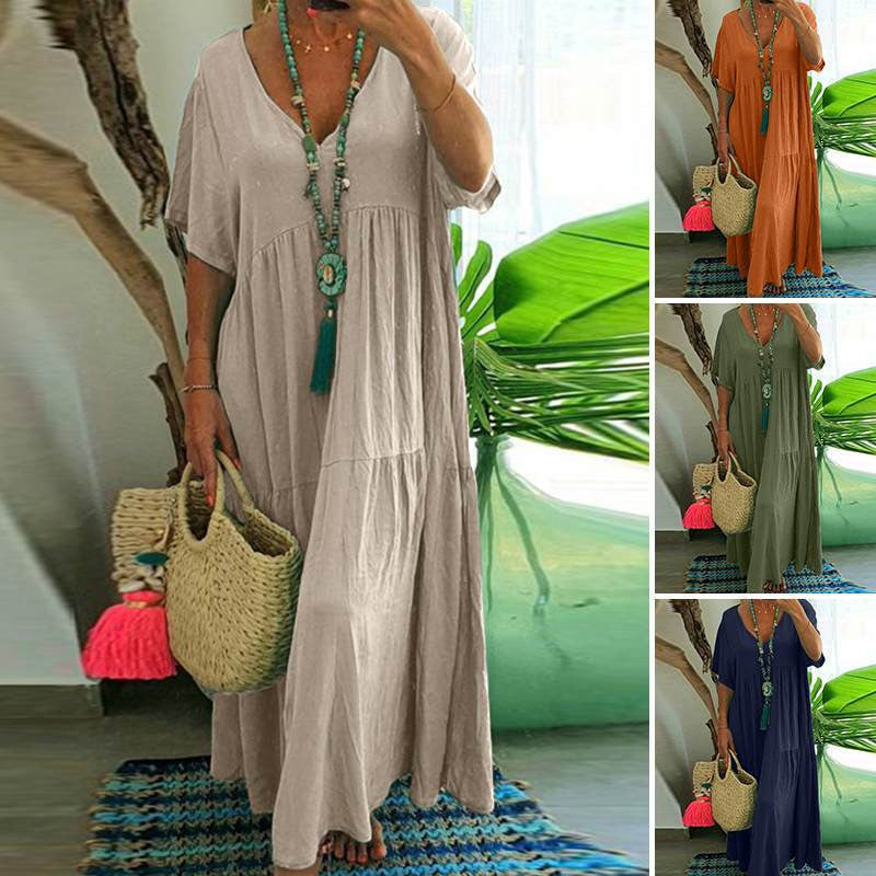 👗 50% RABATT! 🍃 Langes Baumwoll-Leinen-Kleid mit V-Ausschnitt – Lockerer Schnitt & figur schmeichelnd – Leicht, atmungsaktiv & ideal für den Sommer – mühelos eleganter Look 🌿✨