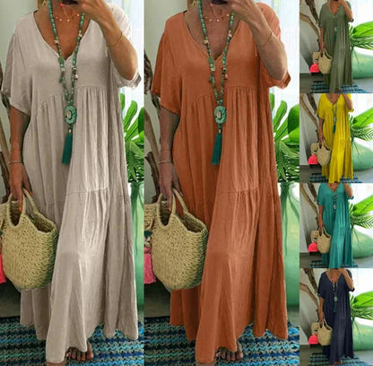 👗 50% RABATT! 🍃 Langes Baumwoll-Leinen-Kleid mit V-Ausschnitt – Lockerer Schnitt & figur schmeichelnd – Leicht, atmungsaktiv & ideal für den Sommer – mühelos eleganter Look 🌿✨