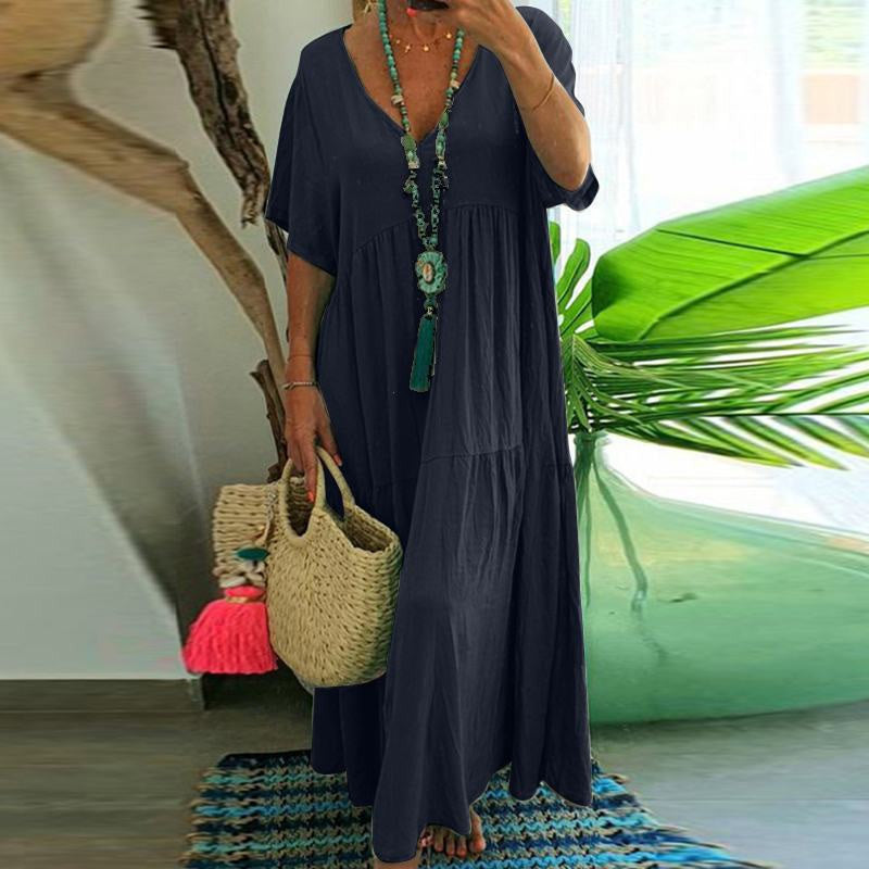 👗 50% RABATT! 🍃 Langes Baumwoll-Leinen-Kleid mit V-Ausschnitt – Lockerer Schnitt & figur schmeichelnd – Leicht, atmungsaktiv & ideal für den Sommer – mühelos eleganter Look 🌿✨