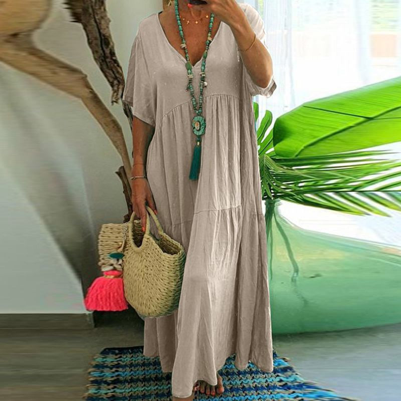 👗 50% RABATT! 🍃 Langes Baumwoll-Leinen-Kleid mit V-Ausschnitt – Lockerer Schnitt & figur schmeichelnd – Leicht, atmungsaktiv & ideal für den Sommer – mühelos eleganter Look 🌿✨