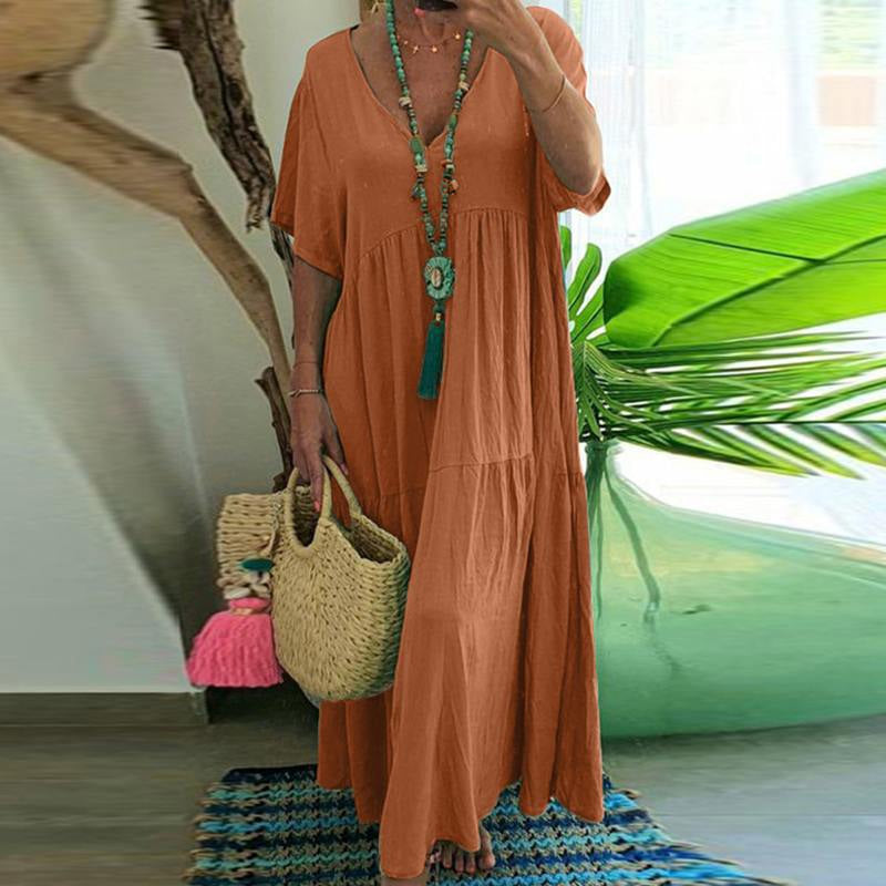 👗 50% RABATT! 🍃 Langes Baumwoll-Leinen-Kleid mit V-Ausschnitt – Lockerer Schnitt & figur schmeichelnd – Leicht, atmungsaktiv & ideal für den Sommer – mühelos eleganter Look 🌿✨