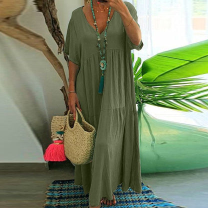 👗 50% RABATT! 🍃 Langes Baumwoll-Leinen-Kleid mit V-Ausschnitt – Lockerer Schnitt & figur schmeichelnd – Leicht, atmungsaktiv & ideal für den Sommer – mühelos eleganter Look 🌿✨