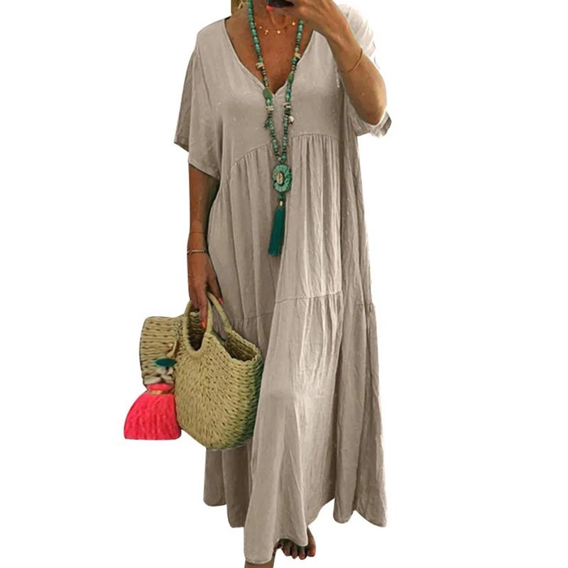 👗 50% RABATT! 🍃 Langes Baumwoll-Leinen-Kleid mit V-Ausschnitt – Lockerer Schnitt & figur schmeichelnd – Leicht, atmungsaktiv & ideal für den Sommer – mühelos eleganter Look 🌿✨