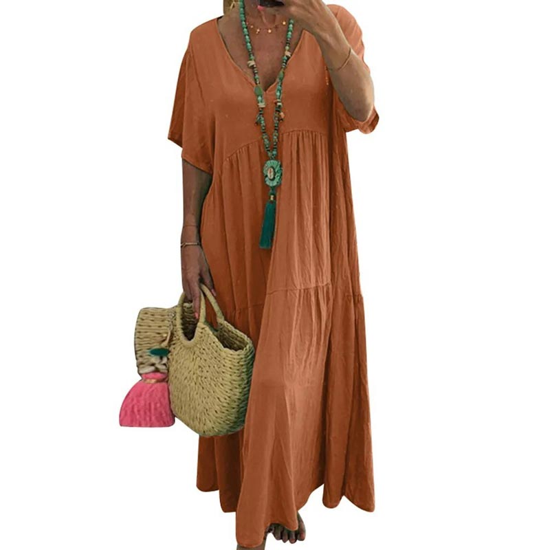 👗 50% RABATT! 🍃 Langes Baumwoll-Leinen-Kleid mit V-Ausschnitt – Lockerer Schnitt & figur schmeichelnd – Leicht, atmungsaktiv & ideal für den Sommer – mühelos eleganter Look 🌿✨