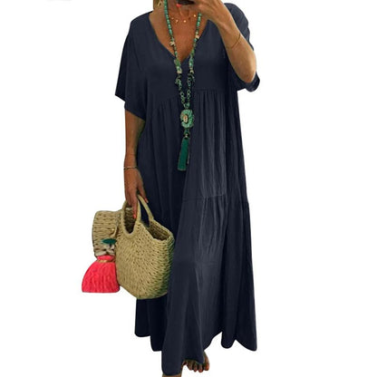 👗 50% RABATT! 🍃 Langes Baumwoll-Leinen-Kleid mit V-Ausschnitt – Lockerer Schnitt & figur schmeichelnd – Leicht, atmungsaktiv & ideal für den Sommer – mühelos eleganter Look 🌿✨