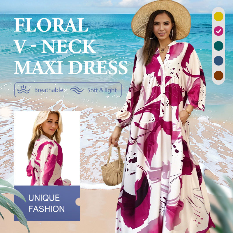 👗 50% RABATT! 🌸 Maxi-Blumenkleid für Damen mit V-Ausschnitt – Fließender Stoff, romantisches Design & perfekt für den Sommer ☀️