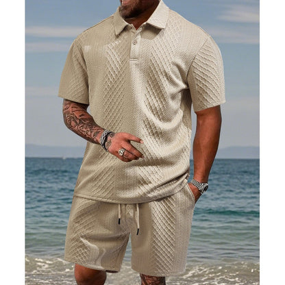🌞👕 Herren Zweiteiler mit Rautenstruktur: Kurzarmhemd & Shorts mit Kordelzug 💎✨ Atmungsaktiv, knitterfrei & perfekt für heiße Tage
