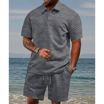 🌞👕 Herren Zweiteiler mit Rautenstruktur: Kurzarmhemd & Shorts mit Kordelzug 💎✨ Atmungsaktiv, knitterfrei & perfekt für heiße Tage