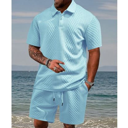 🌞👕 Herren Zweiteiler mit Rautenstruktur: Kurzarmhemd & Shorts mit Kordelzug 💎✨ Atmungsaktiv, knitterfrei & perfekt für heiße Tage