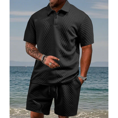 🌞👕 Herren Zweiteiler mit Rautenstruktur: Kurzarmhemd & Shorts mit Kordelzug 💎✨ Atmungsaktiv, knitterfrei & perfekt für heiße Tage