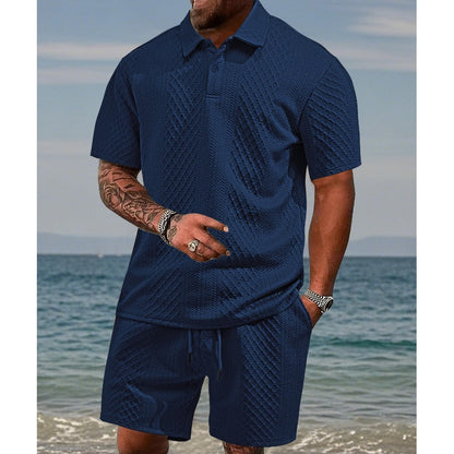🌞👕 Herren Zweiteiler mit Rautenstruktur: Kurzarmhemd & Shorts mit Kordelzug 💎✨ Atmungsaktiv, knitterfrei & perfekt für heiße Tage