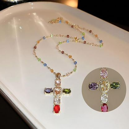 💎 50 % RABATT!! ✝️ Bunte Halskette mit Strass-Kreuzanhänger – leuchtender Glanz, verstellbare Länge & aussagekräftiges Statement ✨