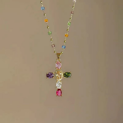 💎 50 % RABATT!! ✝️ Bunte Halskette mit Strass-Kreuzanhänger – leuchtender Glanz, verstellbare Länge & aussagekräftiges Statement ✨
