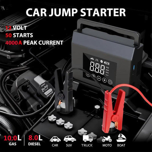 🚗 Tragbarer Auto Starthilfe Booster & Luftkompressor ⚡ Schnellstart & Reifenaufpumpen