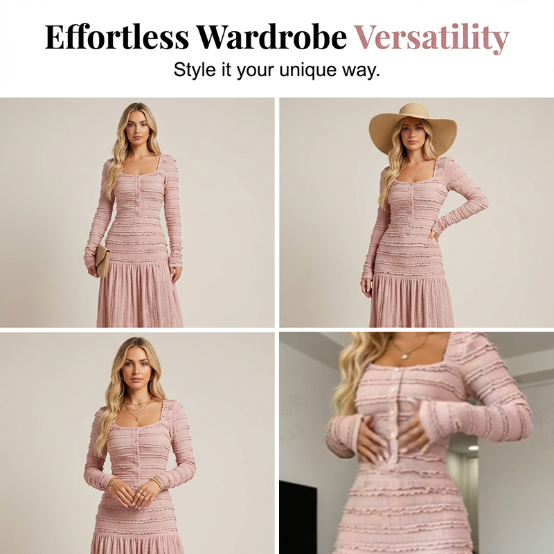🌸 LIMITIERT 50% RABATT! ✨ Maxikleid mit Vintage-Charme: Quadratischer Ausschnitt, Rüschen & Elastisches Smok-Oberteil für perfekte Passform 👗