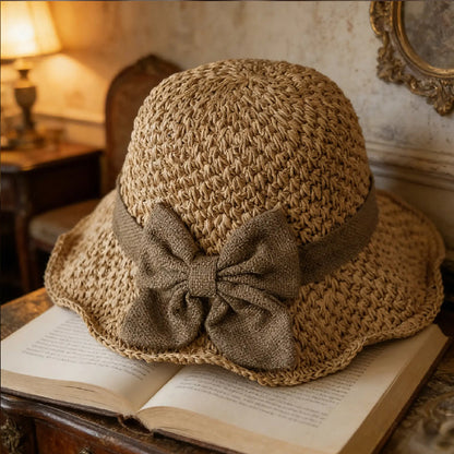 🌷Eleganter Sonnenhut aus geflochtenem Stroh mit Schleife