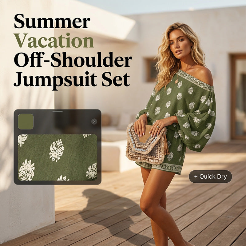 🌸 Bohème Jumpsuit-Set mit Off-Shoulder & Vintage-Print – Sommer-Traum – Fließend, luftig & perfekt für Festivals, Strand oder warme Urlaubsnächte ☀️