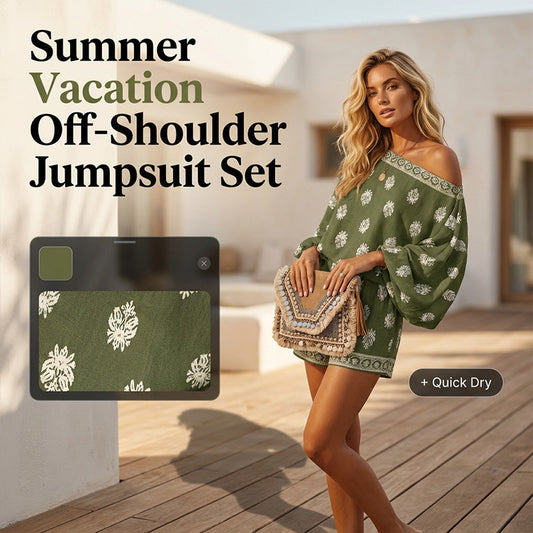 🌸 Bohème Jumpsuit-Set mit Off-Shoulder & Vintage-Print – Sommer-Traum – Fließend, luftig & perfekt für Festivals, Strand oder warme Urlaubsnächte ☀️