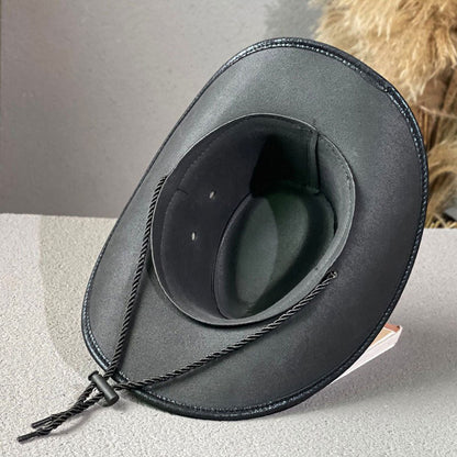 🤠 LIMITED-TIME 50% RABATT! ✨ Vintage-Cowboyhut mit breiter Krempe & Riemen – PU, Einheitsgröße, Verstellbar ☀️