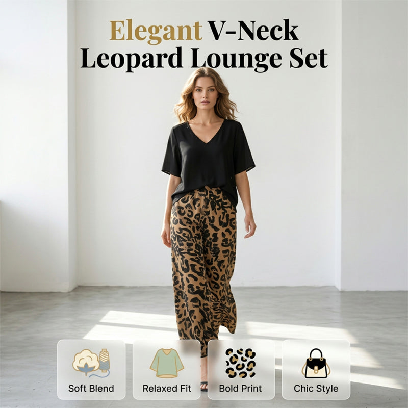 👚 50% RABATT! 🐆 Damen Set: V-Ausschnitt Top & Hose mit Leopardenmuster – Wild, bequem & perfekt für einen trendigen Look ✨