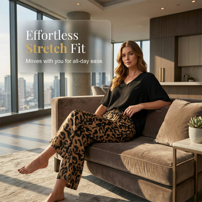👚 50% RABATT! 🐆 Damen Set: V-Ausschnitt Top & Hose mit Leopardenmuster – Wild, bequem & perfekt für einen trendigen Look ✨