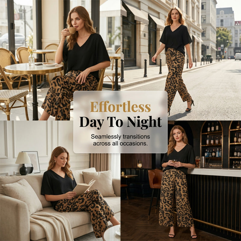 👚 50% RABATT! 🐆 Damen Set: V-Ausschnitt Top & Hose mit Leopardenmuster – Wild, bequem & perfekt für einen trendigen Look ✨