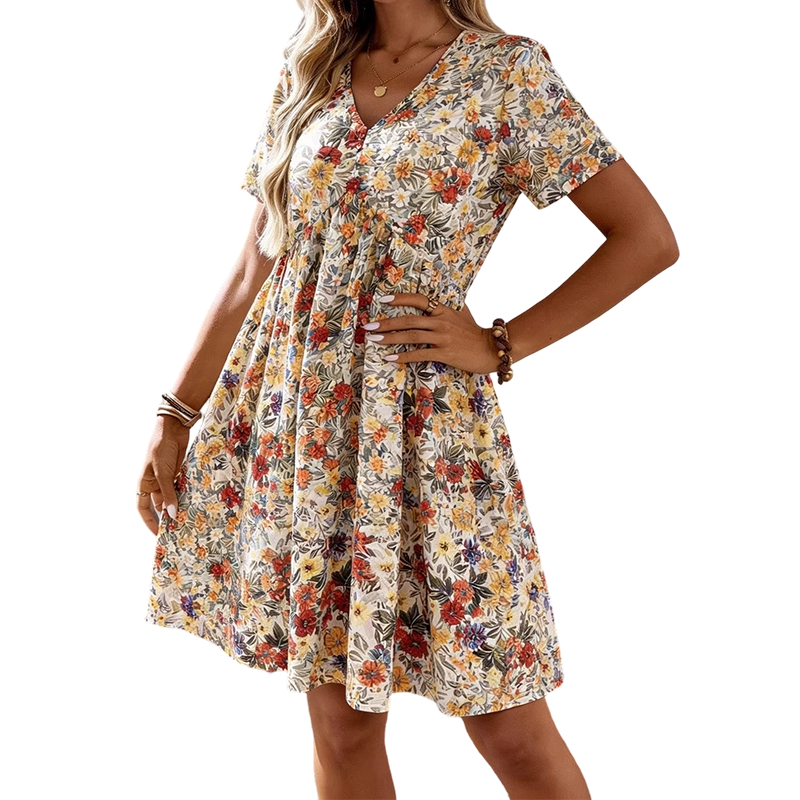 🌸 LIMITED-TIME 50% RABATT! ✨ Sommerkleid Damen – Blumenmuster, V-Ausschnitt, Leicht ✨