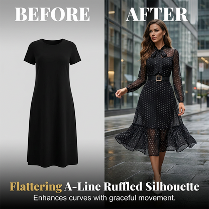 👗✨ Midikleid mit Polka-Dots – Schleifenkragen & elegant – Verspielt, feminin & perfekt für Frühling, Büro oder besondere Anlässe 🎀