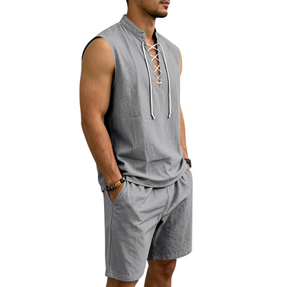 ⏳ 50% RABATT! Herren Leinen-Set: Ärmelloses Oberteil & Shorts mit Schnürung – Atmungsaktiv & stylisch für den Sommer 🌿👕