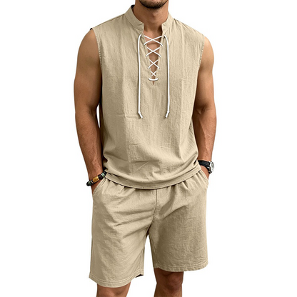 ⏳ 50% RABATT! Herren Leinen-Set: Ärmelloses Oberteil & Shorts mit Schnürung – Atmungsaktiv & stylisch für den Sommer 🌿👕