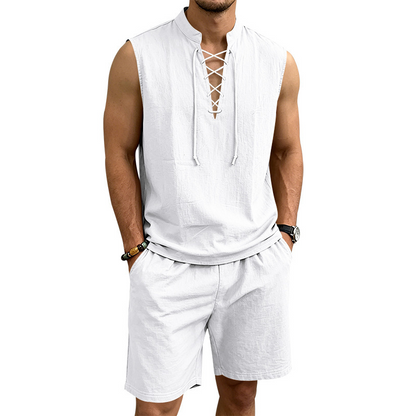 ⏳ 50% RABATT! Herren Leinen-Set: Ärmelloses Oberteil & Shorts mit Schnürung – Atmungsaktiv & stylisch für den Sommer 🌿👕