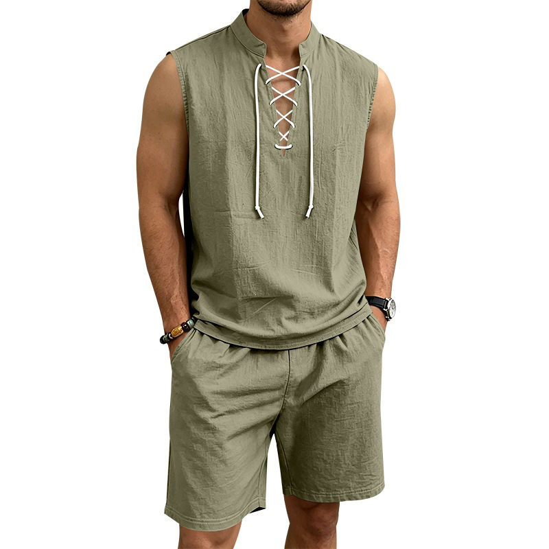 ⏳ 50% RABATT! Herren Leinen-Set: Ärmelloses Oberteil & Shorts mit Schnürung – Atmungsaktiv & stylisch für den Sommer 🌿👕