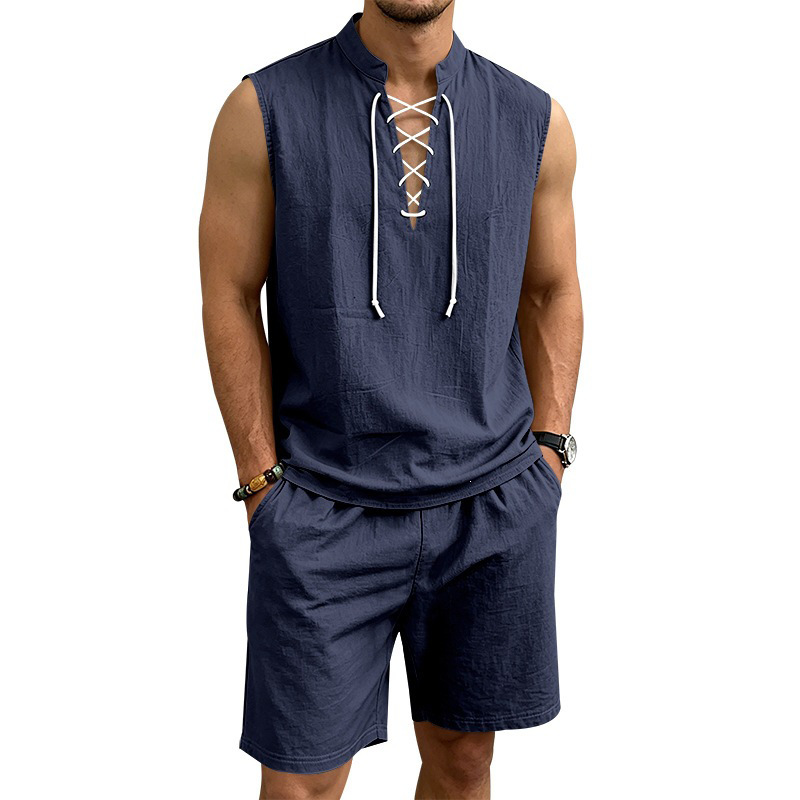 ⏳ 50% RABATT! Herren Leinen-Set: Ärmelloses Oberteil & Shorts mit Schnürung – Atmungsaktiv & stylisch für den Sommer 🌿👕