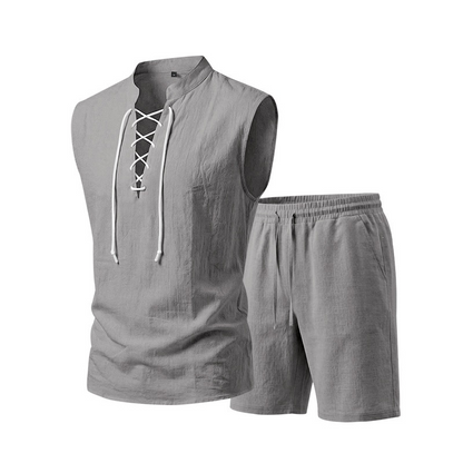 👕 BEFRISTET 50% RABATT! ✨ Herren Leinen-Set – Ärmelloses Top mit Schnürung, Shorts, 7 Farben ☀️