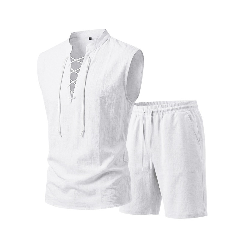 ⏳ 50% RABATT! Herren Leinen-Set: Ärmelloses Oberteil & Shorts mit Schnürung – Atmungsaktiv & stylisch für den Sommer 🌿👕